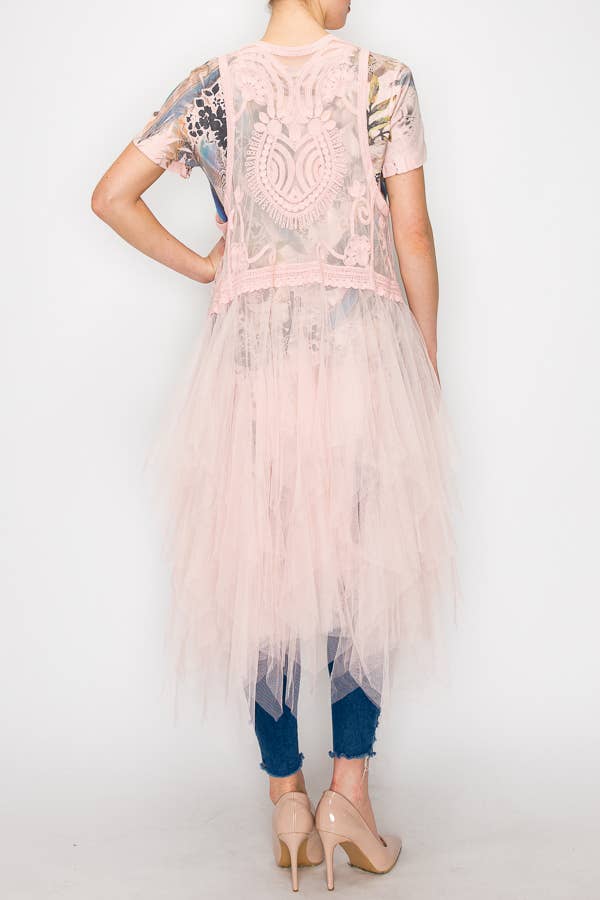 Origami Apparel ~  Lace and Crochet inspired - Wholesale Outerwear Vest - Women's - Embroidered Tulle Mesh Duster Vest- T4066PINK4