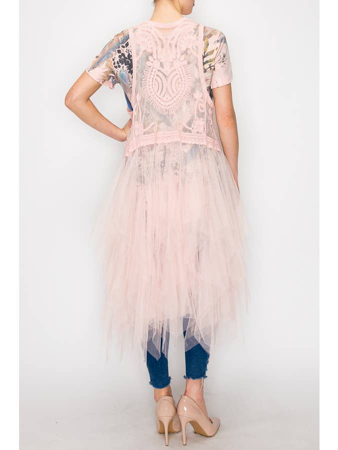 Origami Apparel ~ Lace and Crochet inspired - Wholesale Outerwear Vest - Women's - Embroidered Tulle Mesh Duster Vest- T4066PINK4