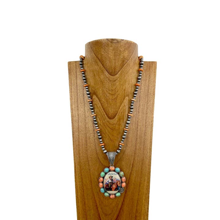 NKS230708-26 "21 Inches long orange roundel stone and silver Navajo pearl beads with muti color stone oval cowgirl pendant Necklace" for wholesale by Western Elite Jewelry