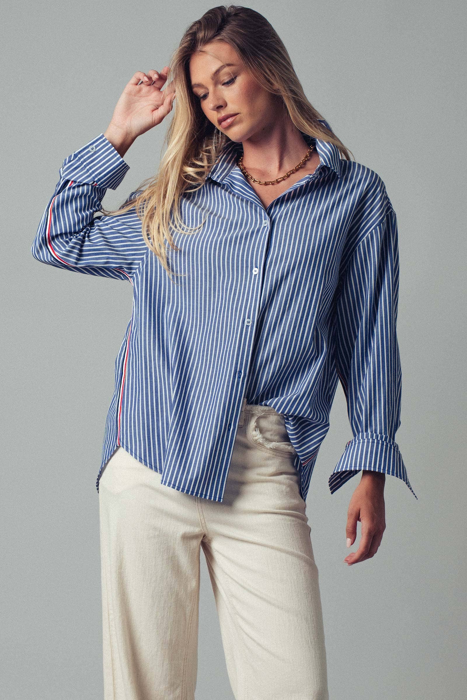 Urban Daizy - Wholesale Button Down Shirt - Women's - Striped Twill Tape Detail Statement Button Shirt16