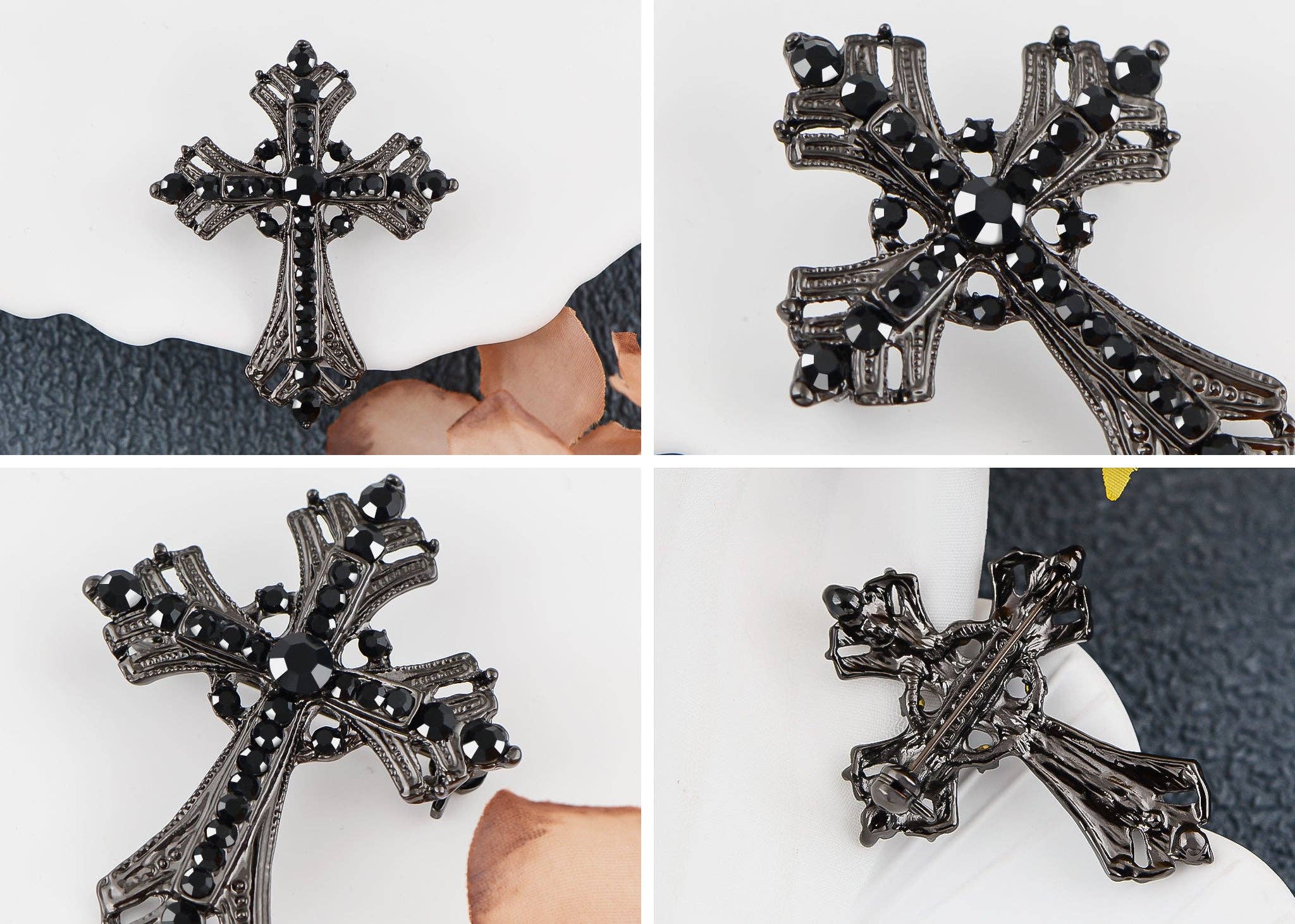 AK Brand - Vendita all'ingrosso Spille - Spilla a forma di croce religiosa argentata con strass57