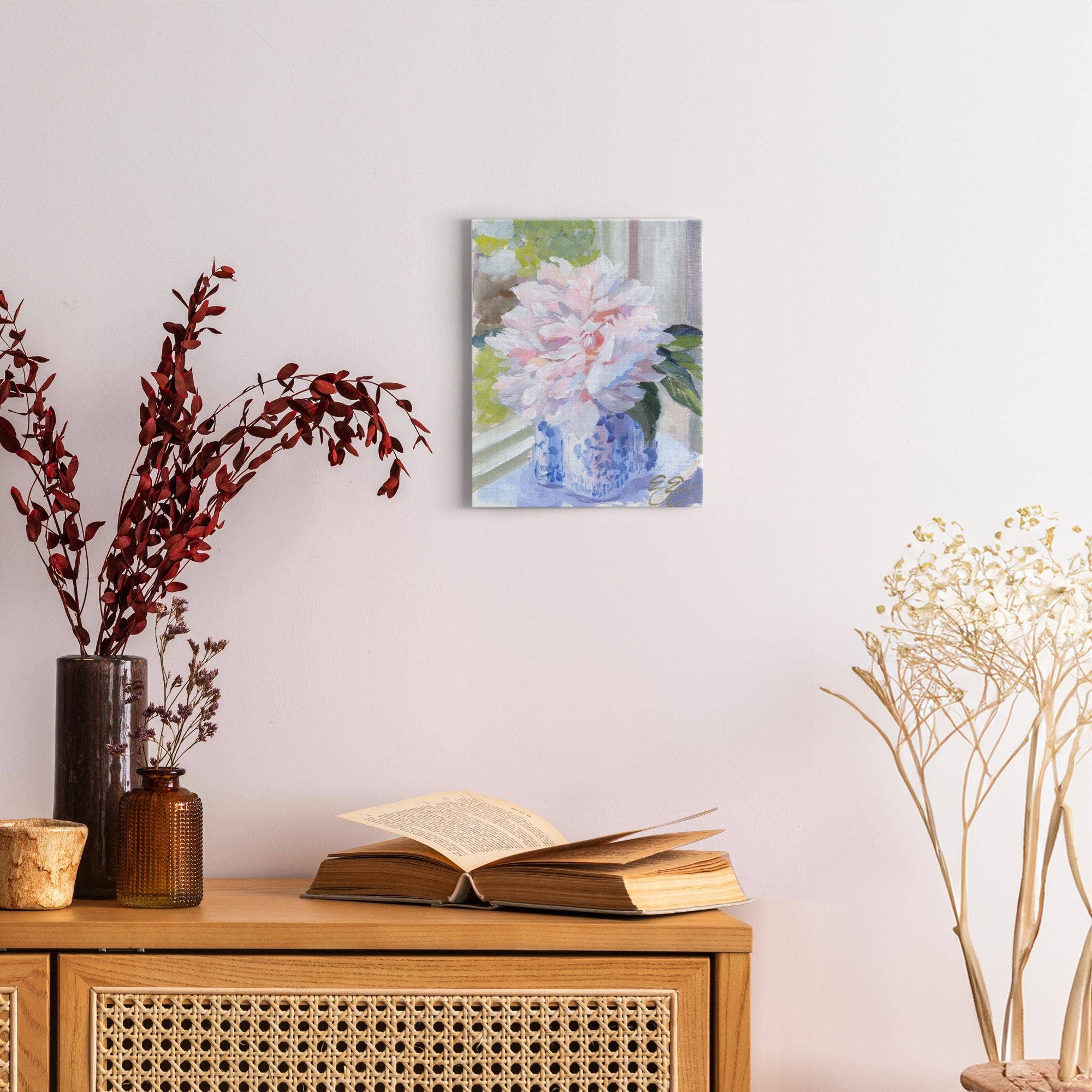 Elizabeth Alice Studio - Wholesale Art Print - No. 396 Sarah Bernhardt peony in blue and white vase, a canvas wrap print1