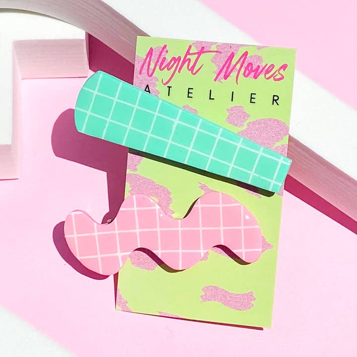 Polymer Clay Hair Clip Duo in Seafoam and Pink Grid for wholesale by Night Moves Atelier