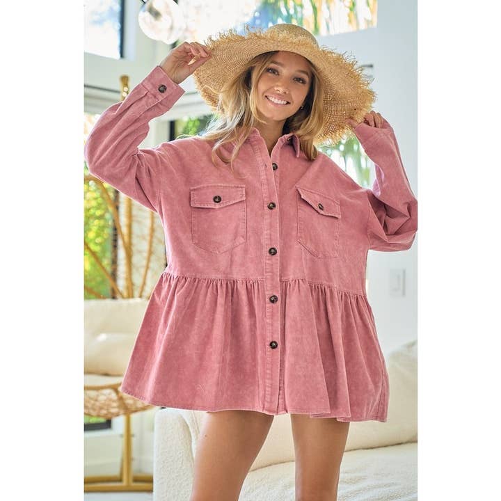 VINTAGE ROSE CORDUROY RUFFLE PEPLUM BUTTON UP SHIRT TOP for wholesale on Faire2