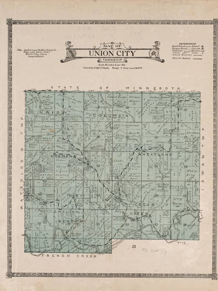 Freguesia de Union City do Atlas do Condado de Allamakee, Iowa 1917 por atacado de Relic Map Co.