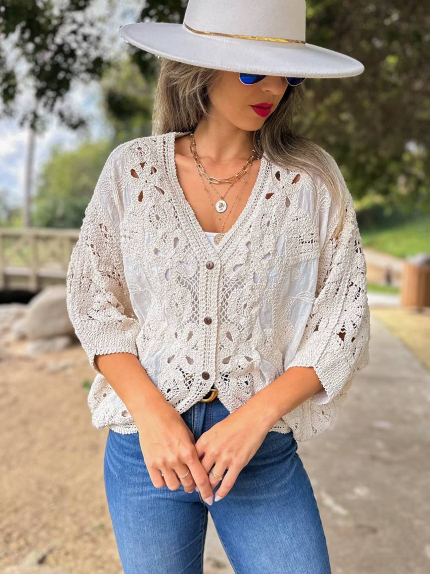 Ivory Boho Lace Detail Dolman Sleeve Button-Down Cardigan for wholesale on Faire4