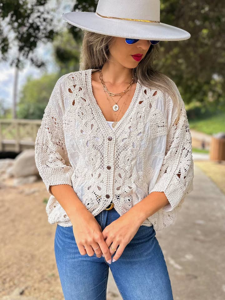 Ivory Boho Lace Detail Dolman Sleeve Button-Down Cardigan for wholesale on Faire4