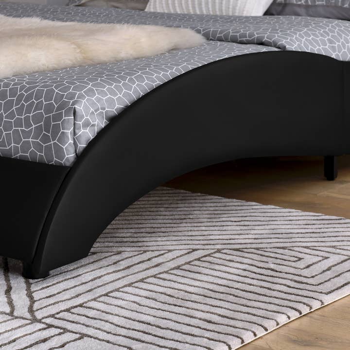 Black Modern Faux Leather Queen Bed Frame with Wave-Like Headboard for wholesale on Faire