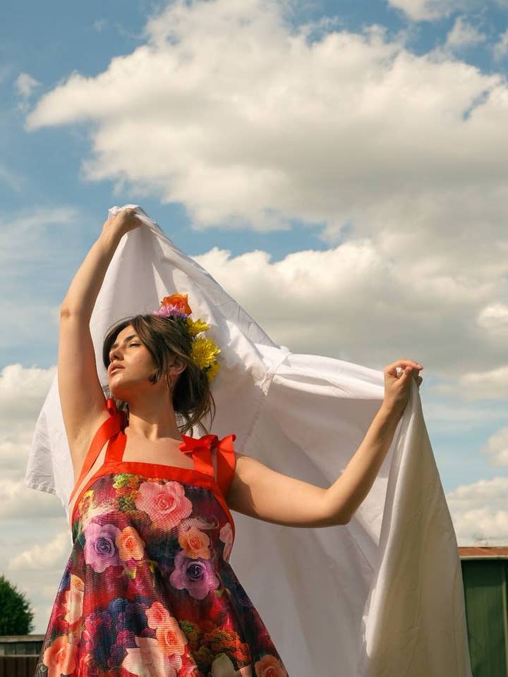 Vestido Maxi Bomba Flor Laranja por atacado de Gingham Doll