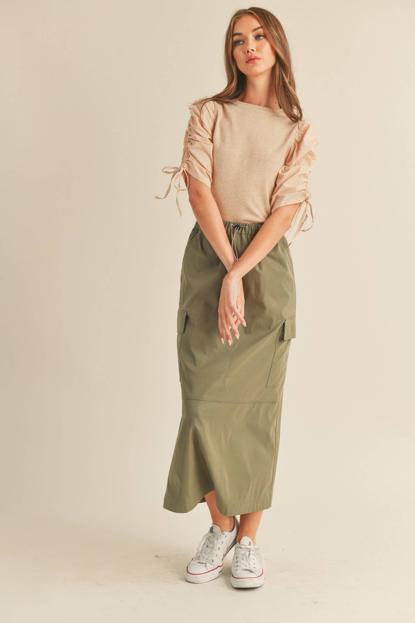 &MERCI - Wholesale Knit Top - Women's - RUCHED SLEEVE MIXED MEDIA TOP MSW24641