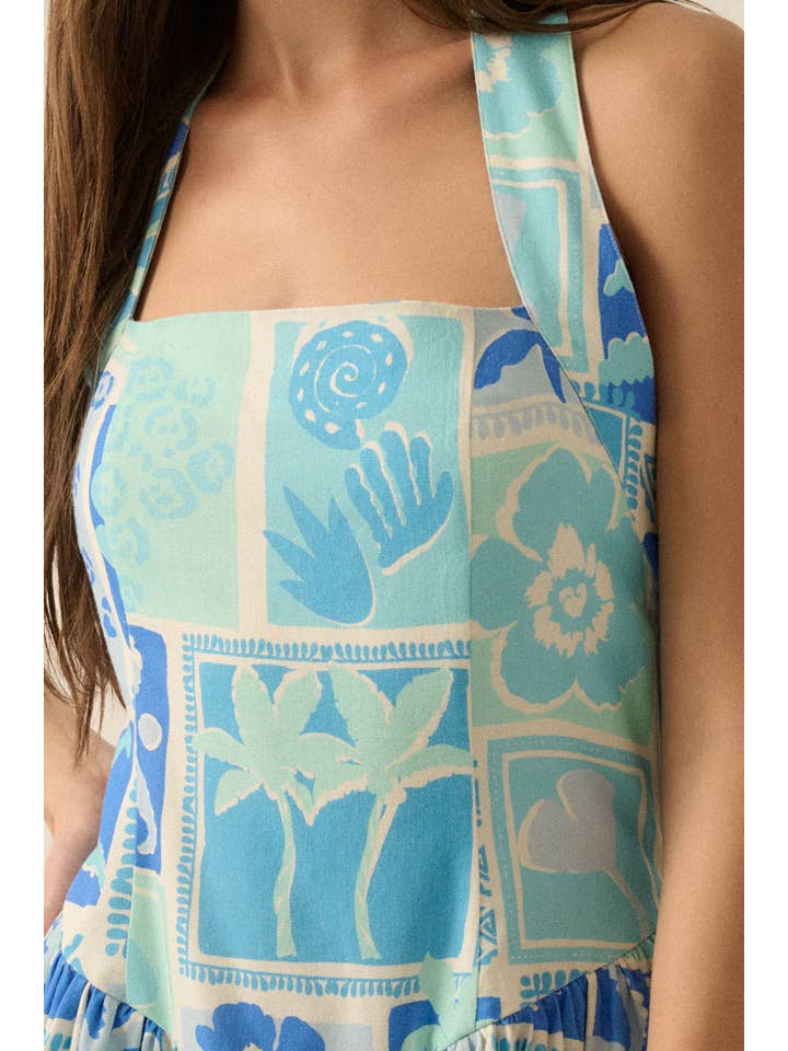 AQUA BLUE Tropical Floral-Print Halter Drop-Waist Mini Dress for wholesale on Faire