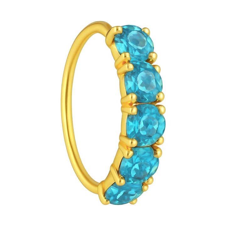 Light Blue 5 Stone Thick Gold Nose Ring For Pierced and Non Pierced Nose for wholesale by Ava’s Accessory Box