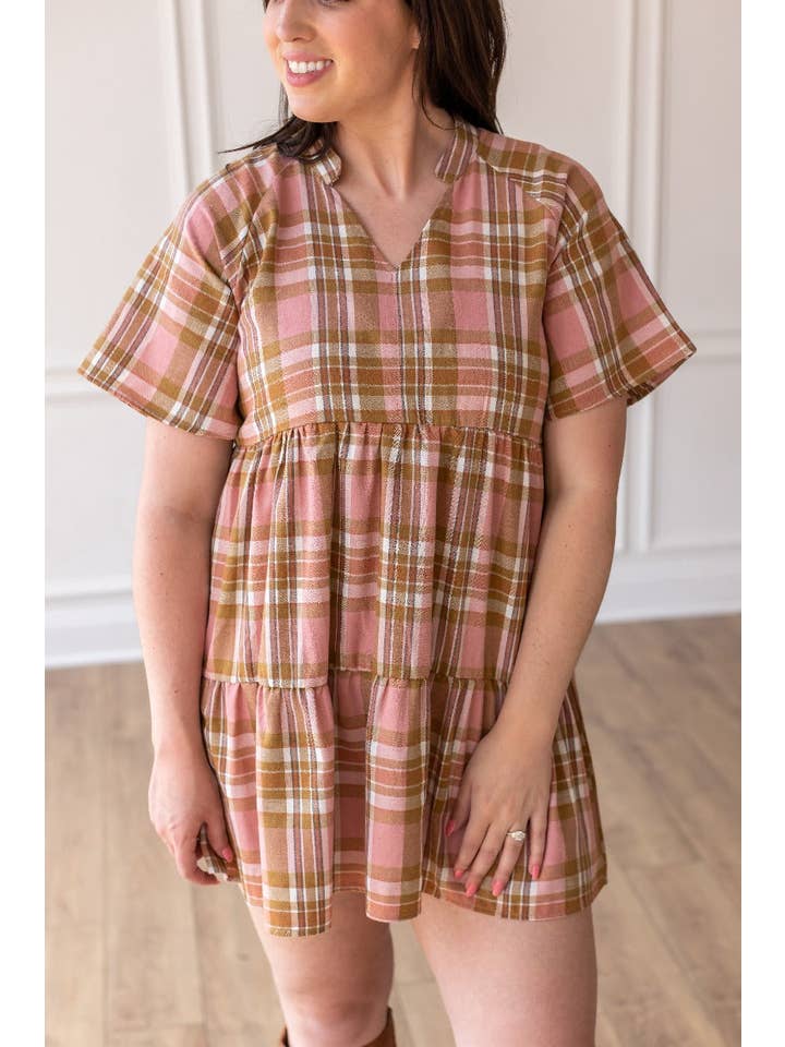 A Walked Through the Leaves Plaid Flutter Sleeve Dress for wholesale on Faire