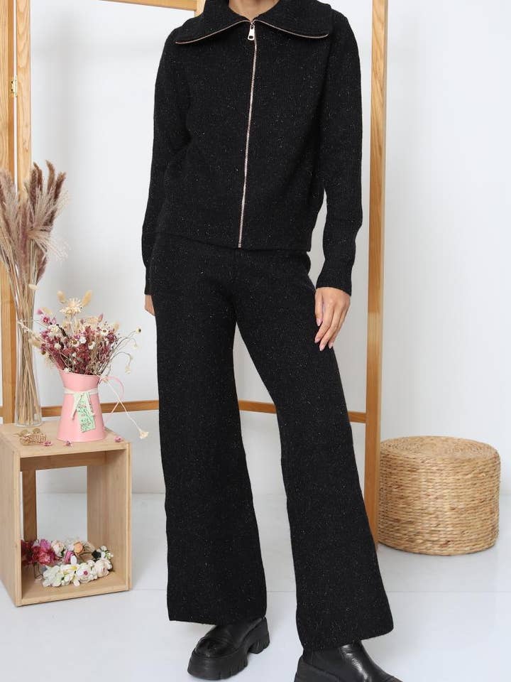 DIX-ONZE - Wholesale Top & Pant Set (NOT Loungewear) - Women's - Zipped Knit Set – Wide Collar Jacket & Straight Pants4
