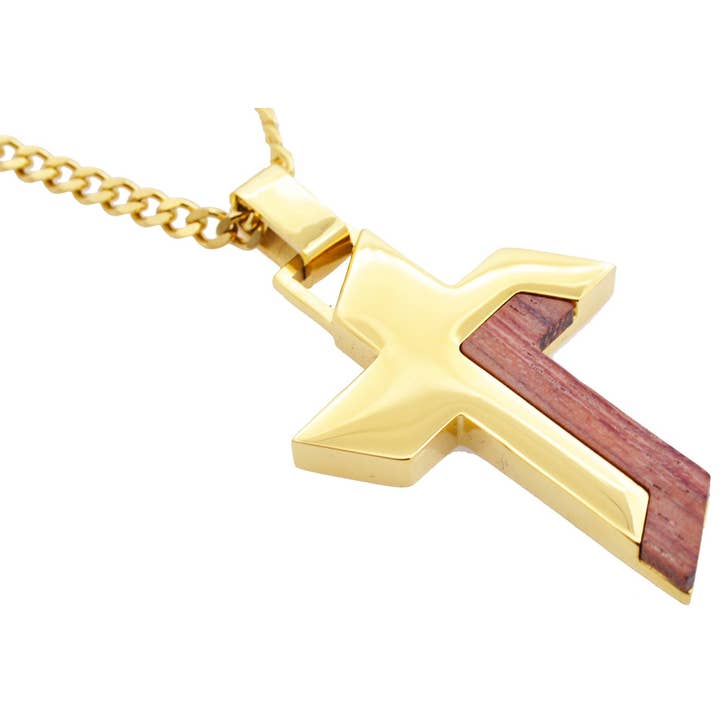 Men's Gold Wood And Stainless Steel Cross Pendant for wholesale by Blackjack Mens Jewelry
