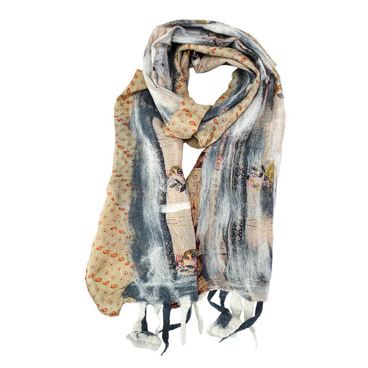 Grey & White Felt and Saree Vintage Scarves with Flower Hanging for wholesale by BNB Crafts Inc.