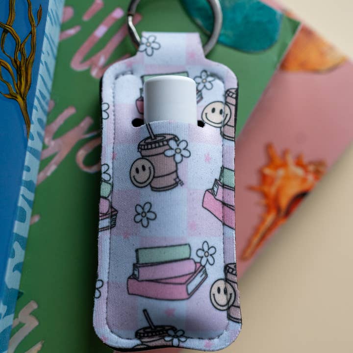 Coffee and Book Lover Chapstick Holder Keychain for wholesale by Wicked Creatiff