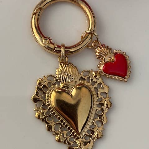 Miss DJ Angel - Wholesale Keychain - Women's - Ex-voto sacred heart charms, ex-voto bag charms, sacred heart charms gift for women, golden and red heart charms.0