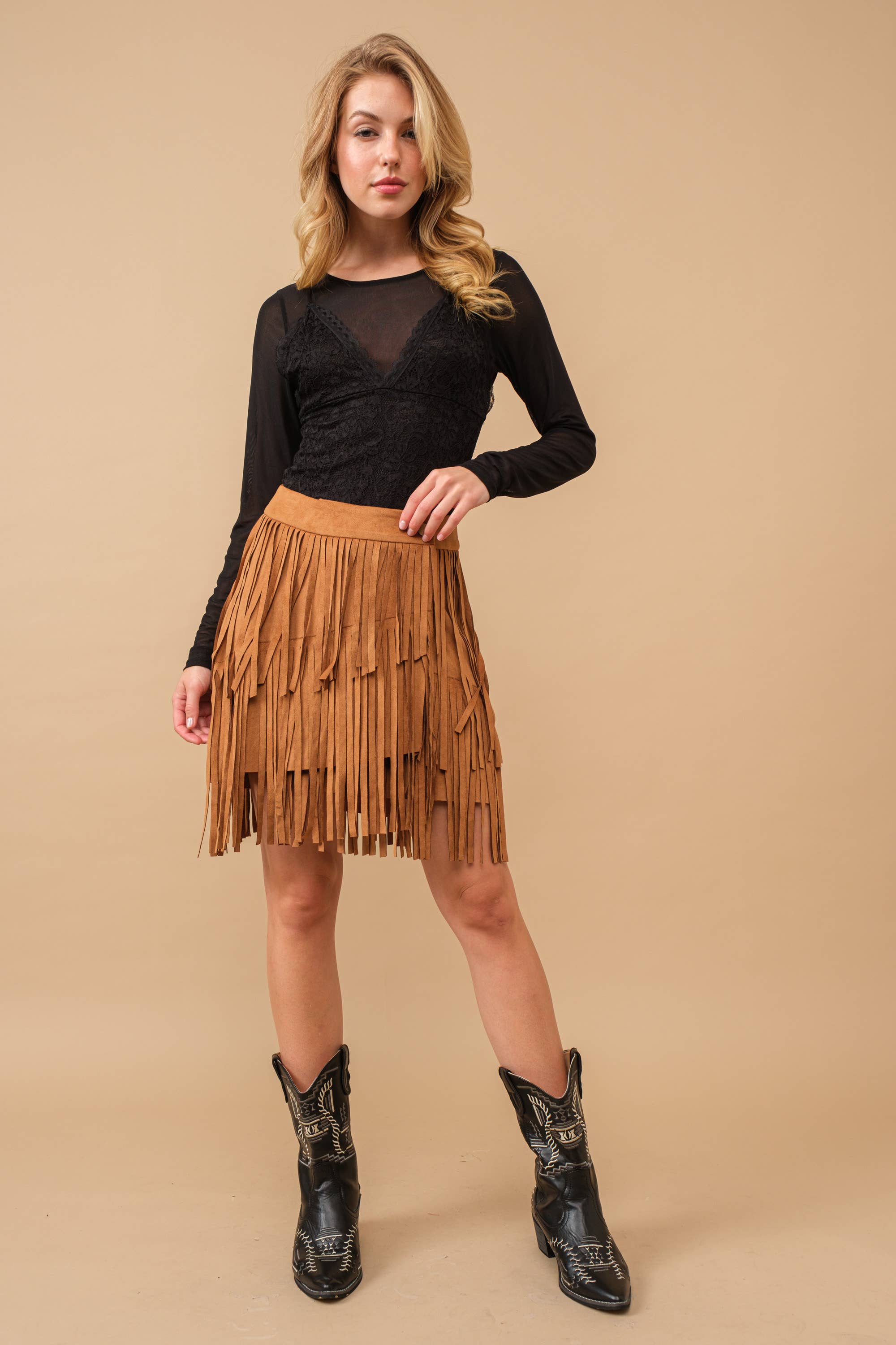 TAN 12135S-N - Faux Suede Wrap Snap Closure Fringe Western Skirt for wholesale on Faire4