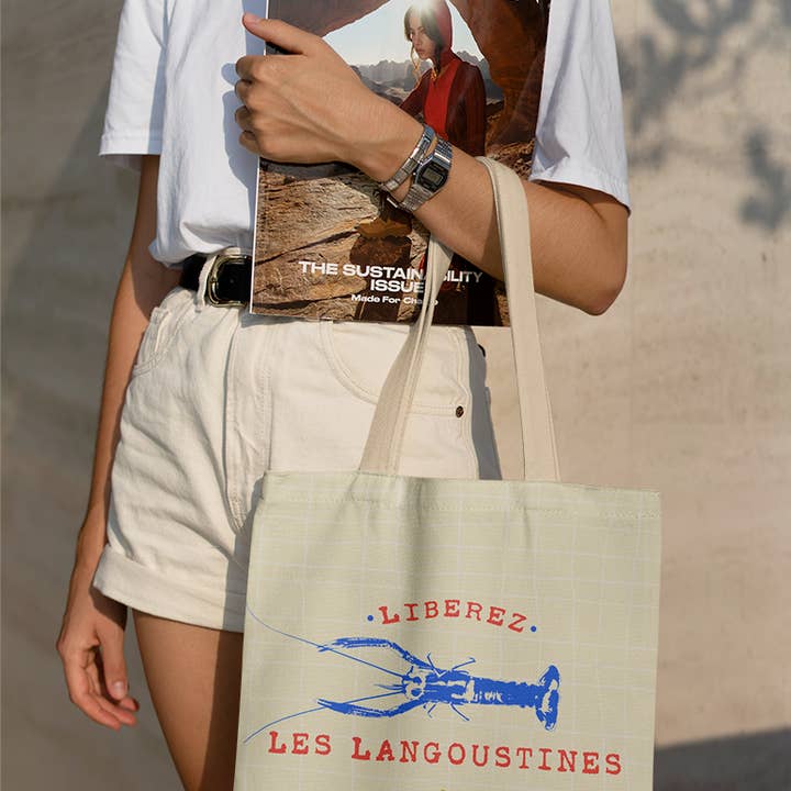 Cotton tote bag fish blue langoustines for wholesale by Coast and Valley