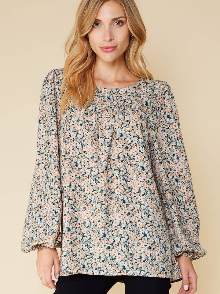 ST3428 - VINTAGE DITSY FLORAL PRINT LONG SLEEVES WOVEN TOP for wholesale by FSL Apparel