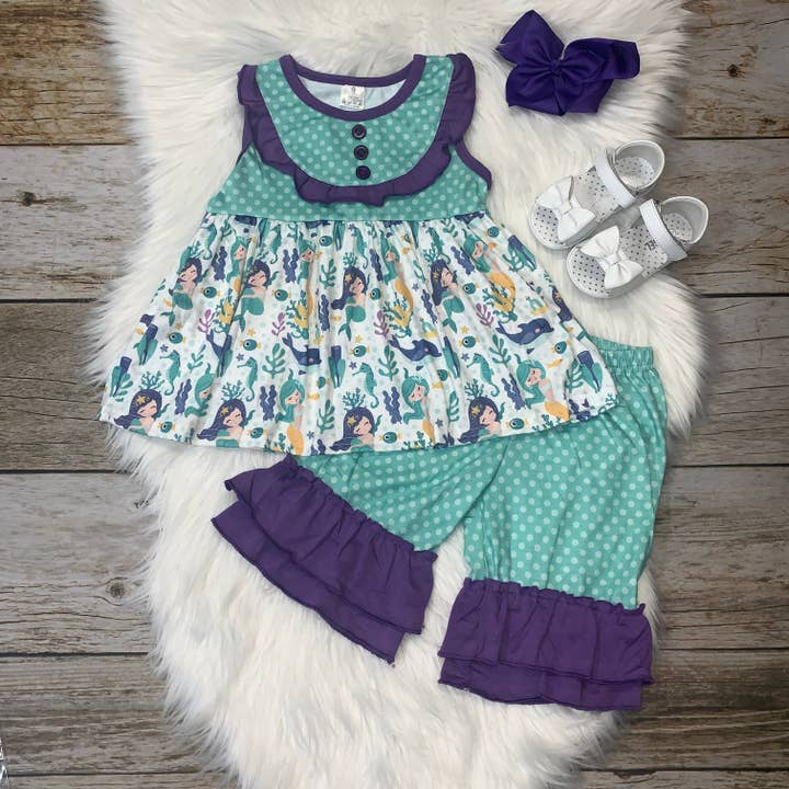 Mermaid Mint and Purple Ruffle Tunic & Short Set for wholesale by Custom Designs by Baby V