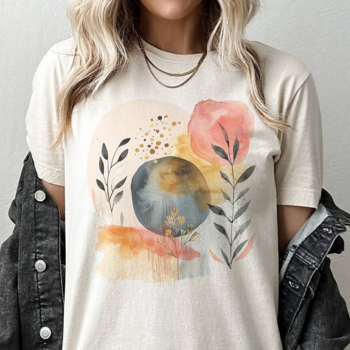 Par.tees by Party On! - Vendita all'ingrosso Maglietta serigrafata - Donna - Maglietta grafica floreale boho bohemien Fiore astratto moderno autunnale3