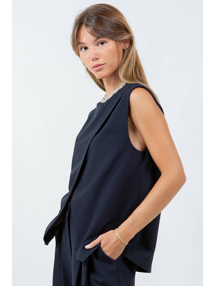 OVERLAP DETAILED WOVEN SLEEVELESS TOP - DK NAVY for wholesale on Faire2