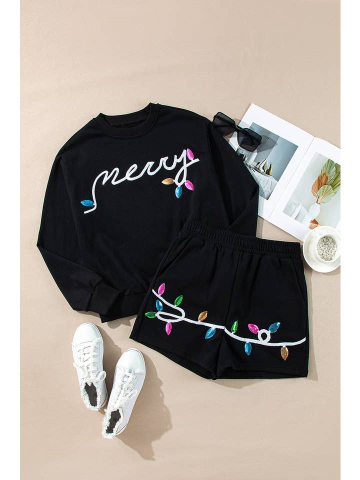 Black Merry Graphic Pullover and Shorts Lounge Set | S-2XL for wholesale on Faire