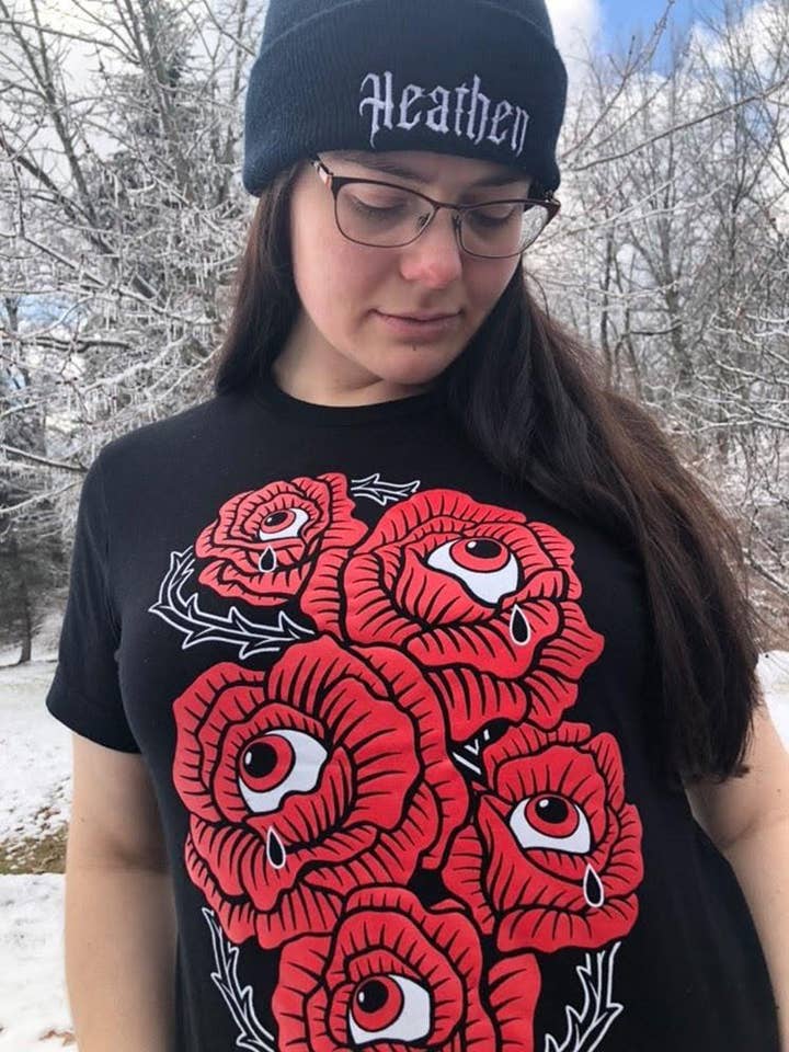 Budding Romance Crying Emo Eyeball Roses Tattoo T-Shirt for wholesale by XRAEART Clothing Co