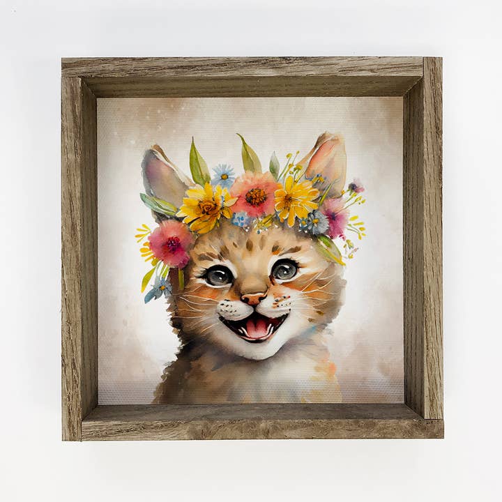 Cute Flower Lynx - Wanddecoratie voor de kinderkamer met rustiek houten frame voor wholesale door Hangout Home