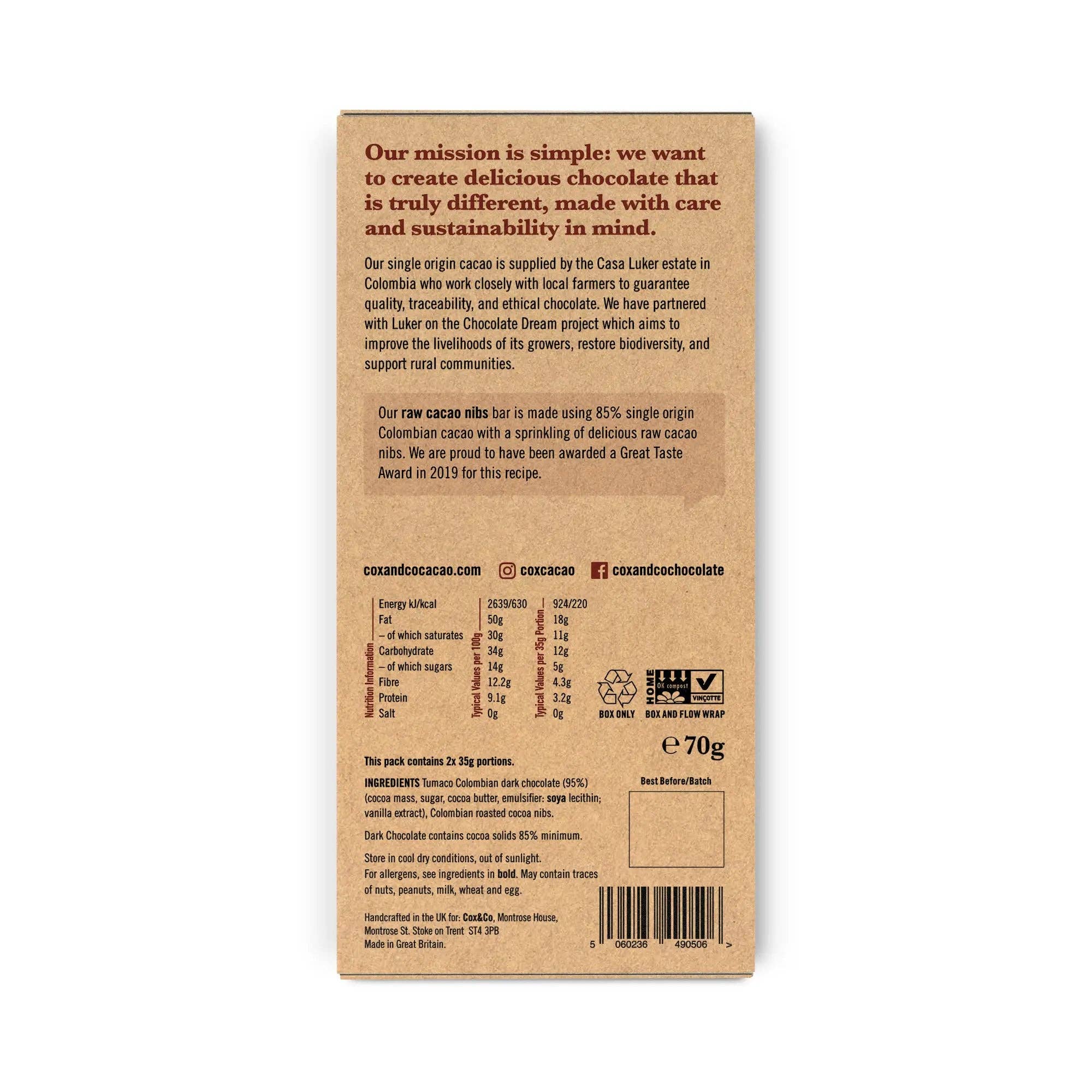 Cox&Co – wholesale Chocolate bar – Raw Cacao Nibs 85% Dark Chocolate  Bar - 70g1