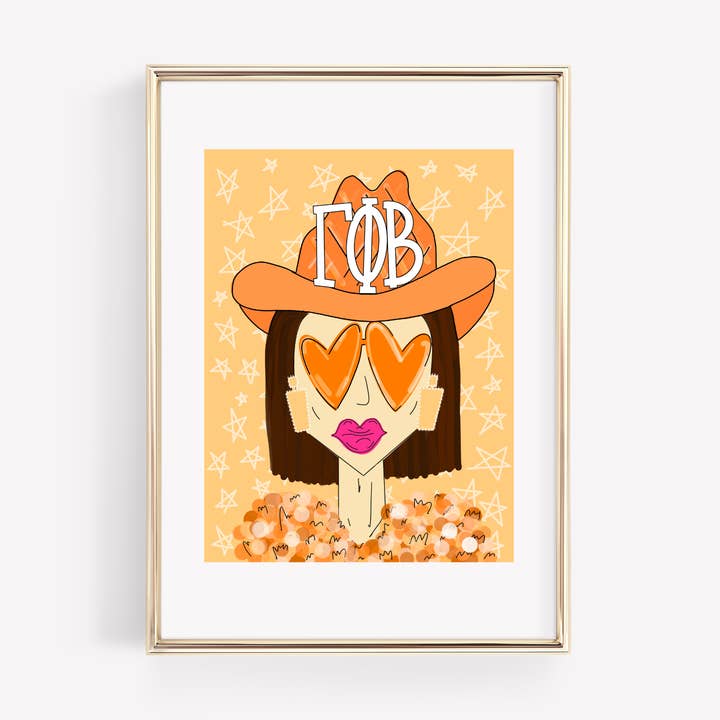 Gamma Phi Beta - CUSTOMIZABLE Orange Funky Cowgirl - PRINT for wholesale by Made By Marissa Art