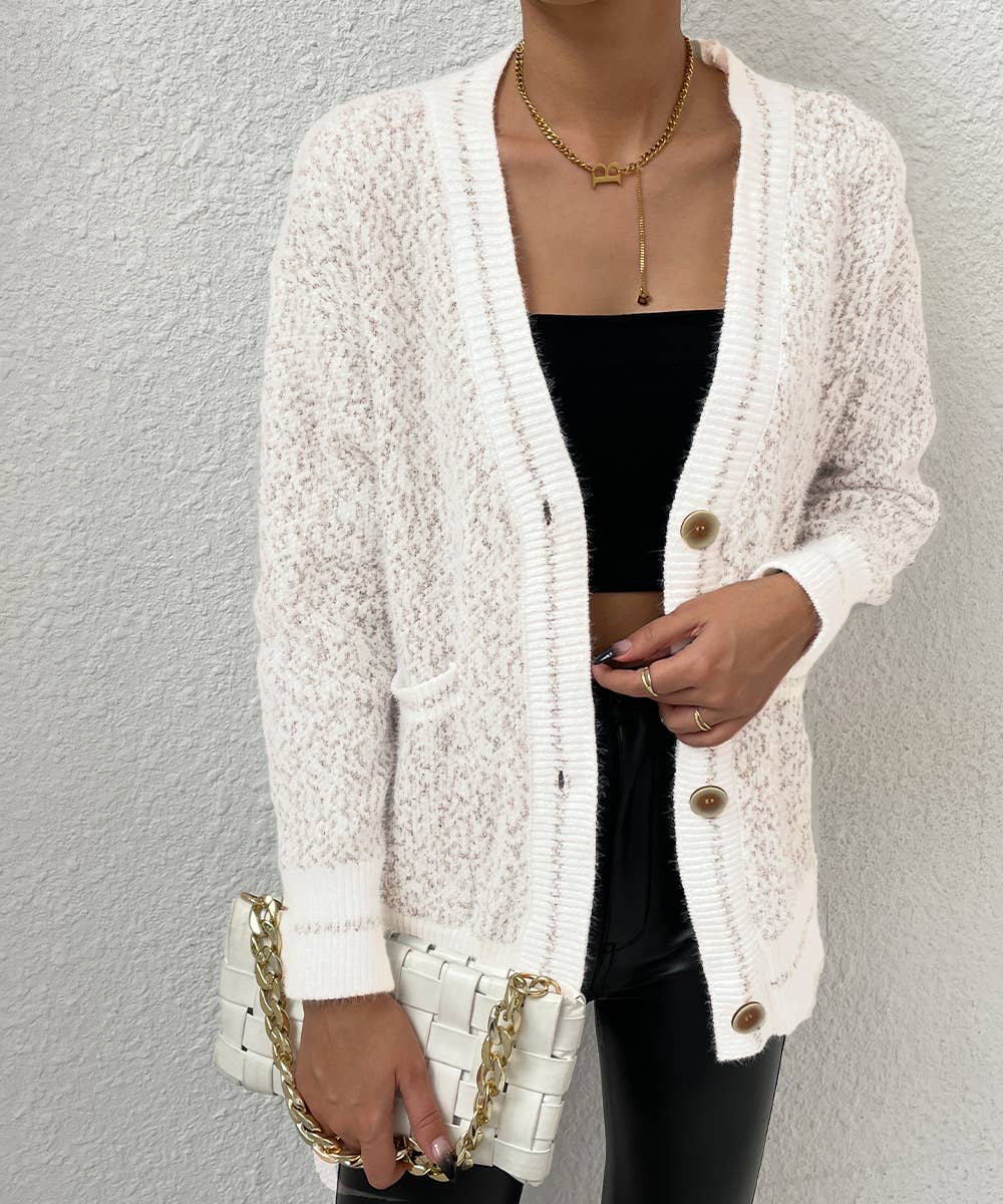 White Frenchy Marled Knit Drop Shoulder BottonFront Cardigan for wholesale on Faire2