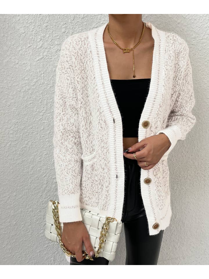 White Frenchy Marled Knit Drop Shoulder BottonFront Cardigan for wholesale on Faire2