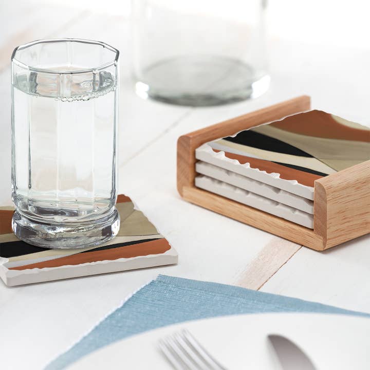 Conimar Promotions - Wholesale Coasters - Neutral Study 4 Pack Stone Coasters in Wooden Holder 3
