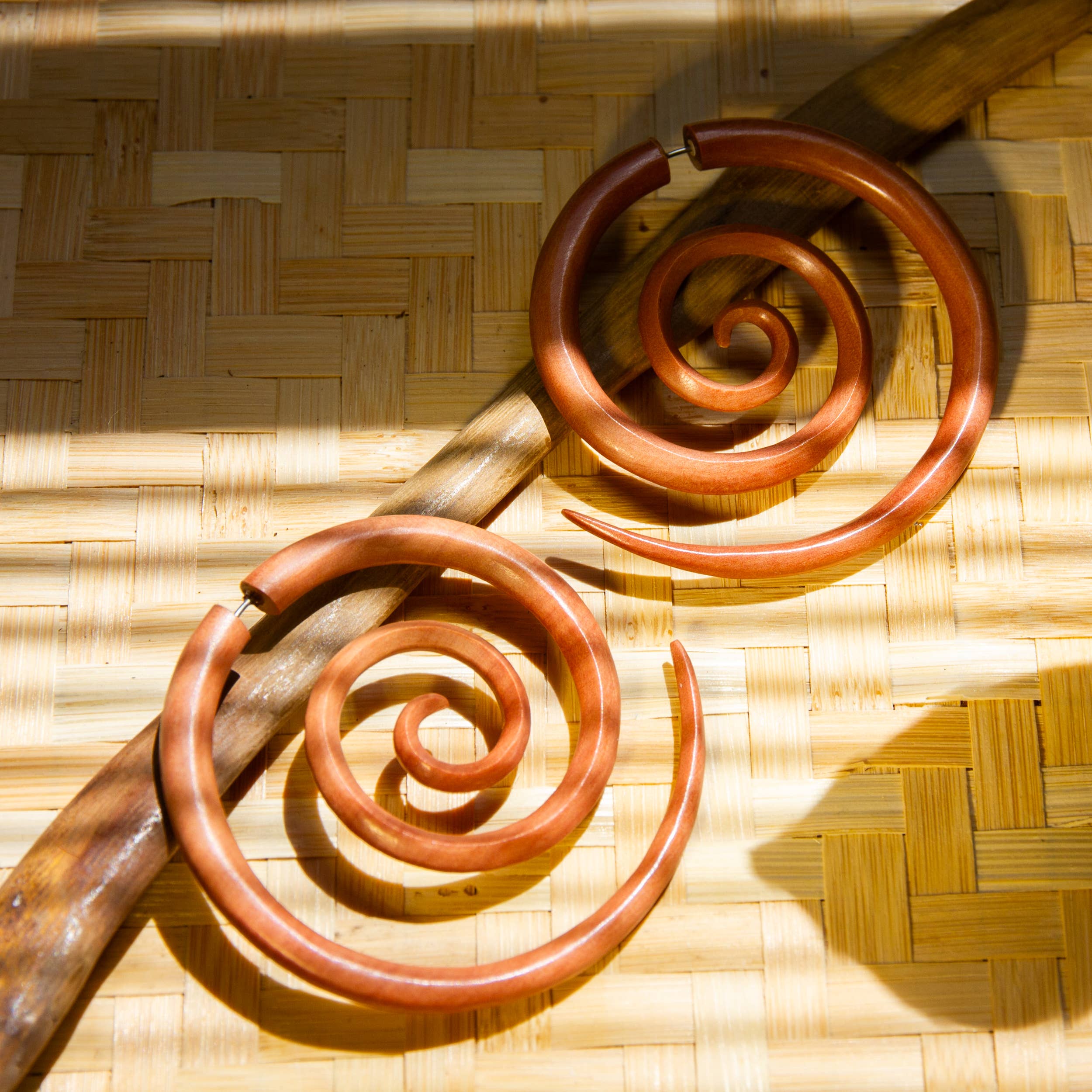 Ajmer by Jodi - Wholesale Dangle Earrings - Large Spiral Light Wood & Dark Wood Faux Gauges~ steel wires4