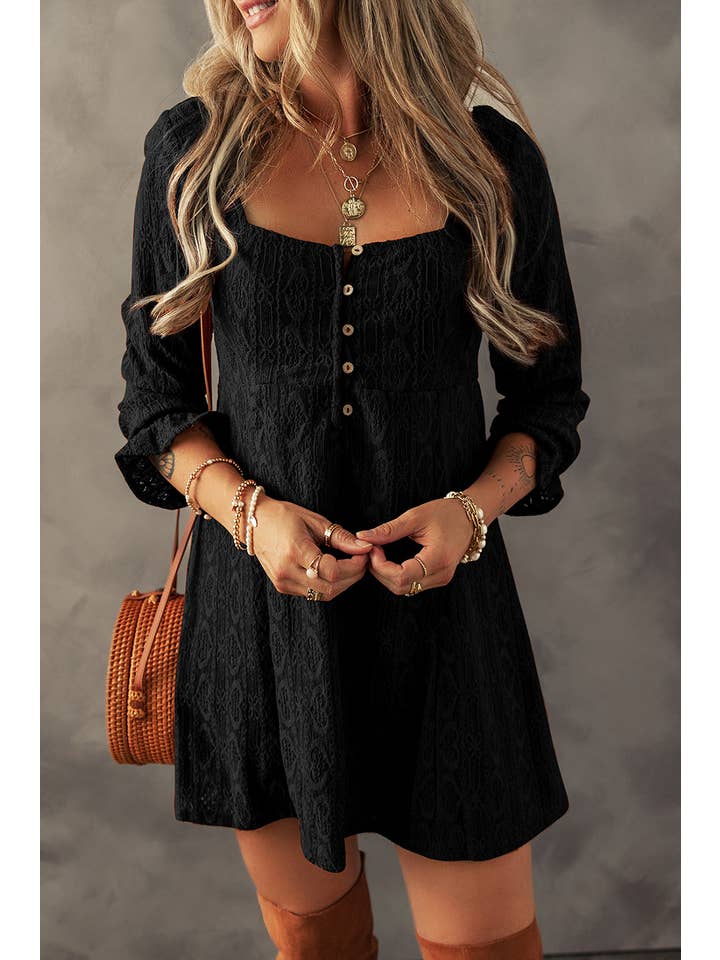 Little Daisy Closet - Wholesale Dress - Women's - LDC Lace Fall Clothing Buttoned Square Neck Shift Mini Dress