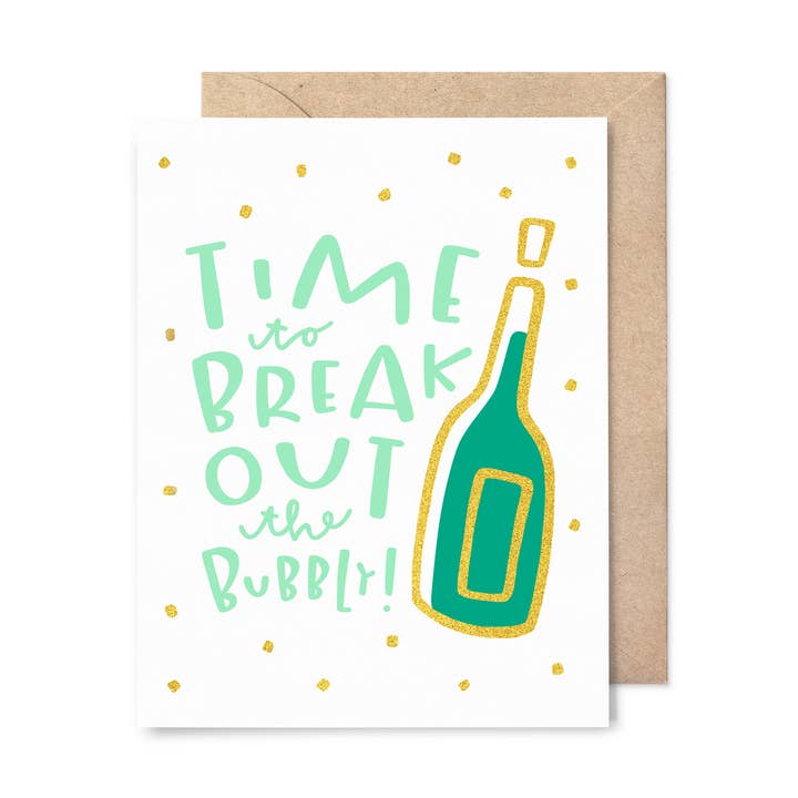 Break out the Bubbly - Biglietto di compleanno in lamina d'oro per la vendita all'ingrosso da parte di Pinwheel Print Shop