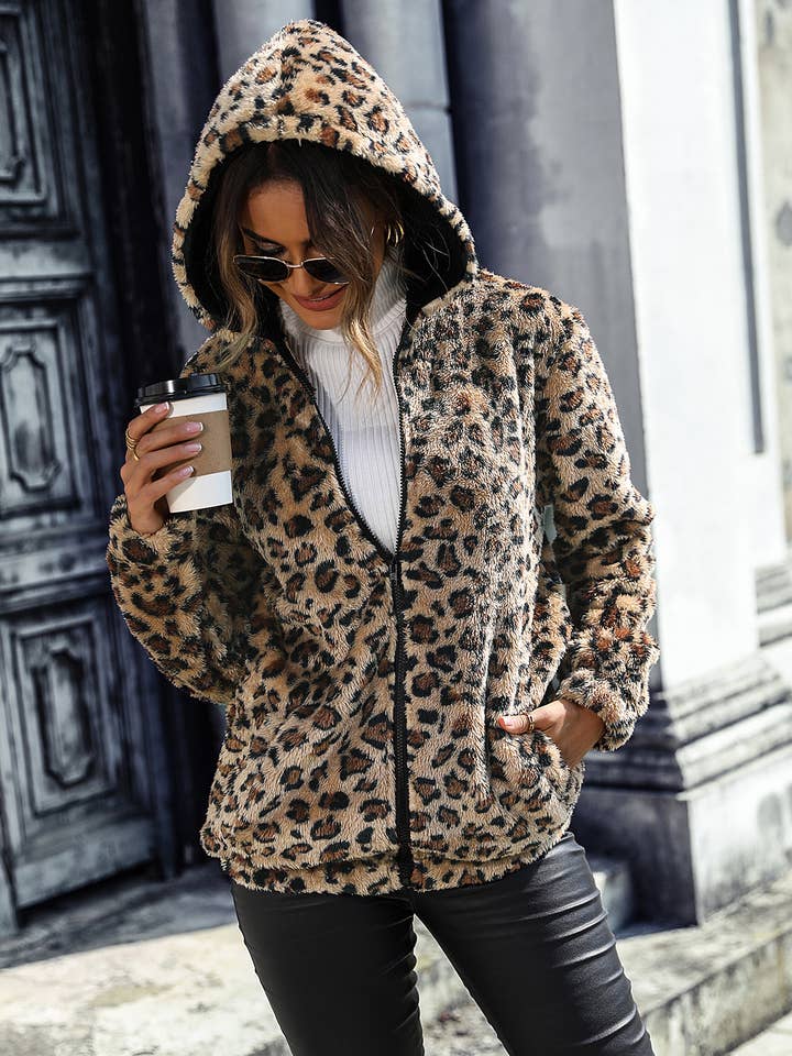 COFFEE LEOPARD PRINT FLEECE LOOSE CASUAL JACKET for wholesale on Faire