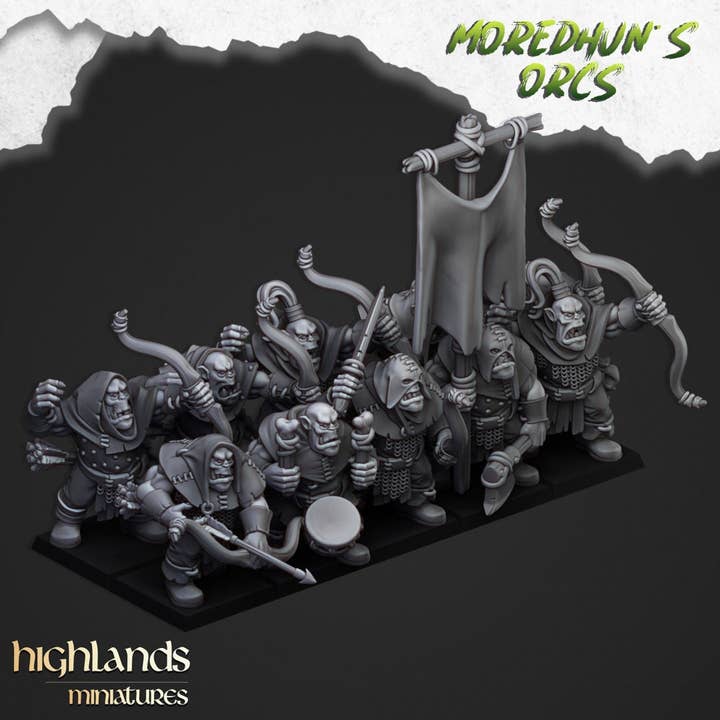 Ork Bueskytter - Highlands Miniatures | Goblin | Sort Ork | Ork | Orker | Kriger | Fantasy | Pathfinder | Wargaming | Hold | Bueskyttere | Rækkevidde for engroshandel hos The Beaver and Broadsword