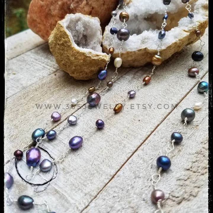 Hand Wrapped Sterling Silver Culture Pearl Necklace 48" for wholesale by 365 Jewelry