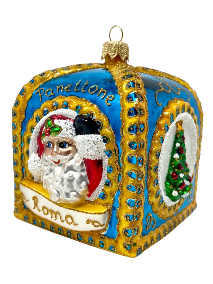 Blue Panettone Box Holiday Polish Glass Christmas Ornament for wholesale by Kenzies of London