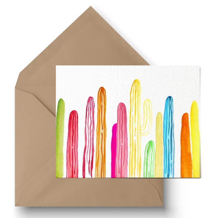 "Rainbow Saguaros" Greeting Card for wholesale by Paige Poppe Art