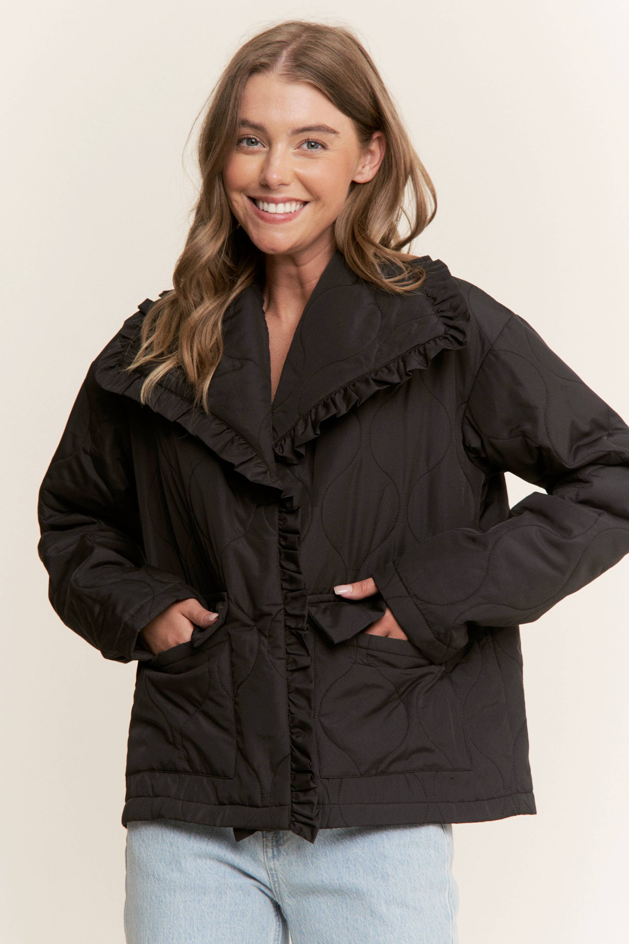 Sweet Generis - Wholesale Jacket - Women's - RUFFLE EDGE DETAIL QUILTED LOOSE FIT JACKET20