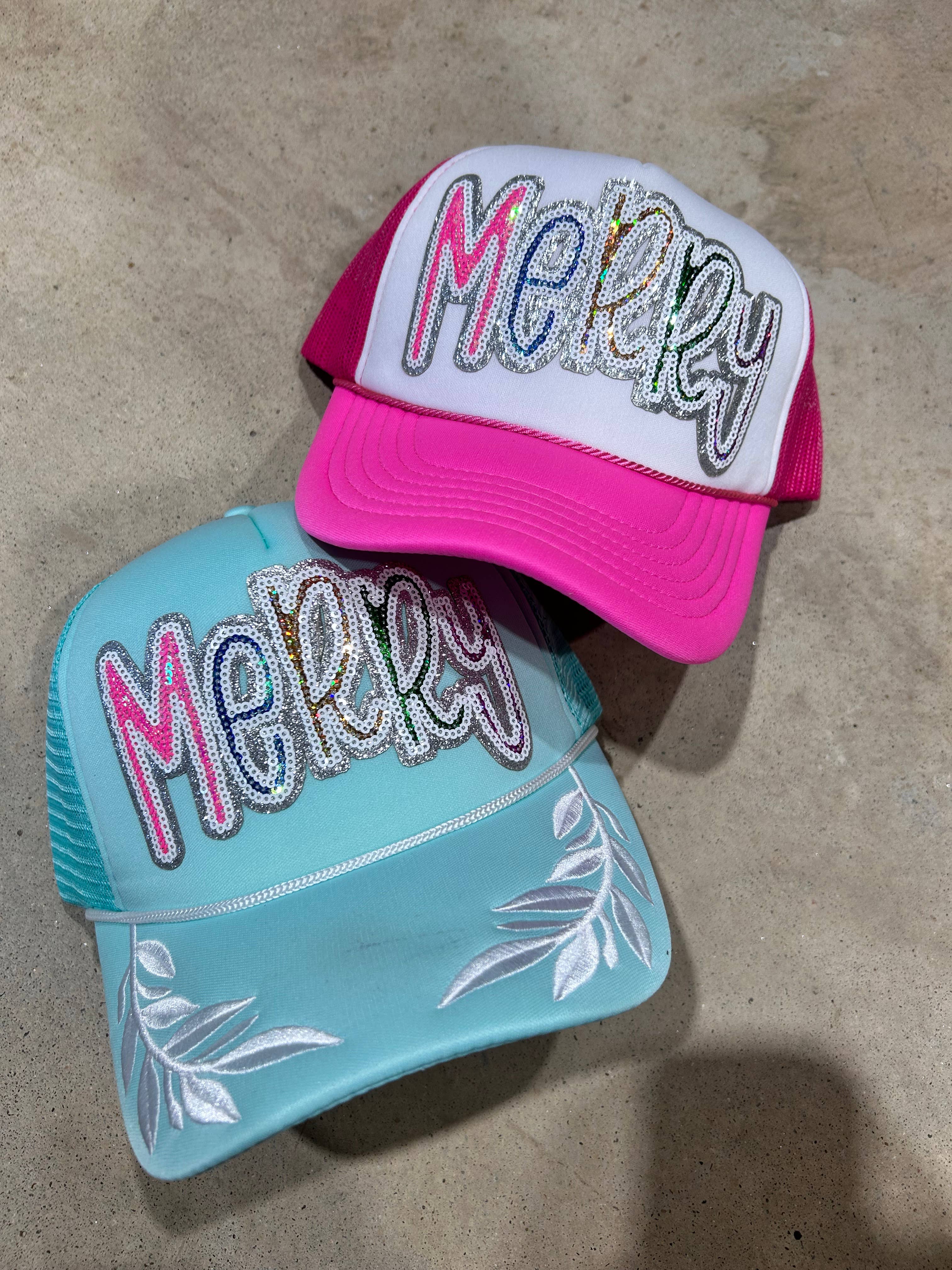 Vibes Hat Company - Wholesale Trucker Hat - Women's - Sequin MERRY Trucker Hat | Christmas Caps | Jolly | Santa 0