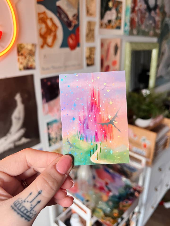 Castle of Dragons Holographic Sticker for wholesale by Jess Harris Art