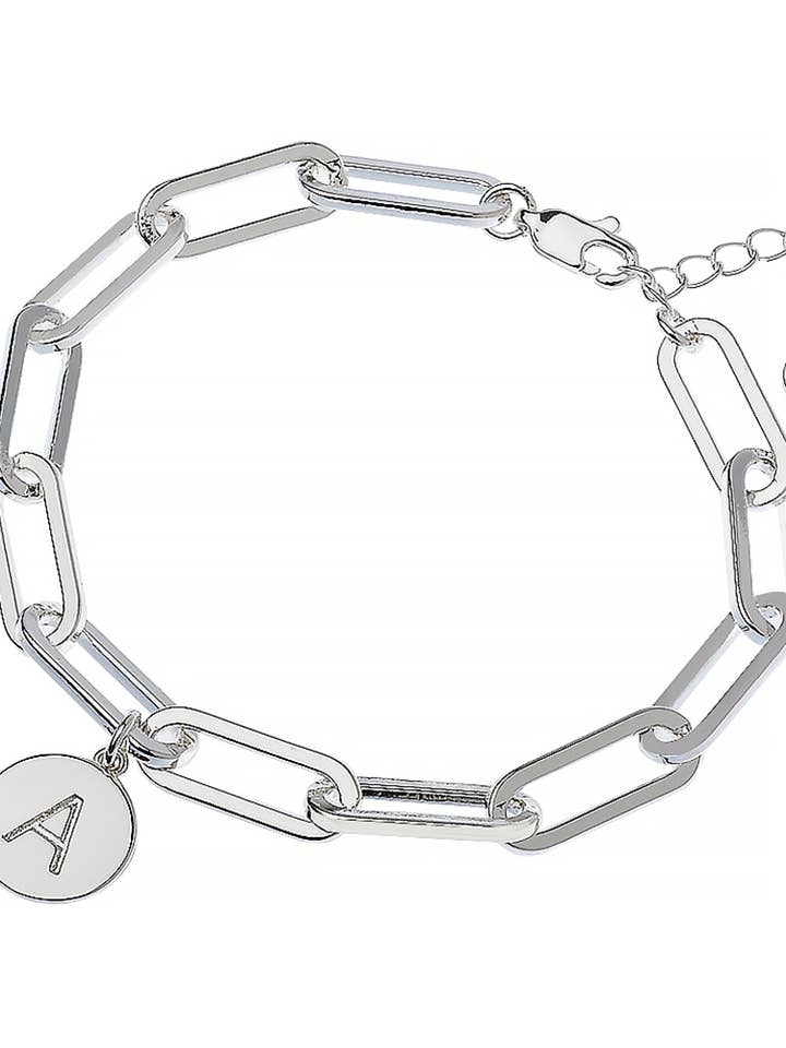 Shiny Silver Link Bracelet With Disc Initial for wholesale by Oceanic Jewellers - Majique London