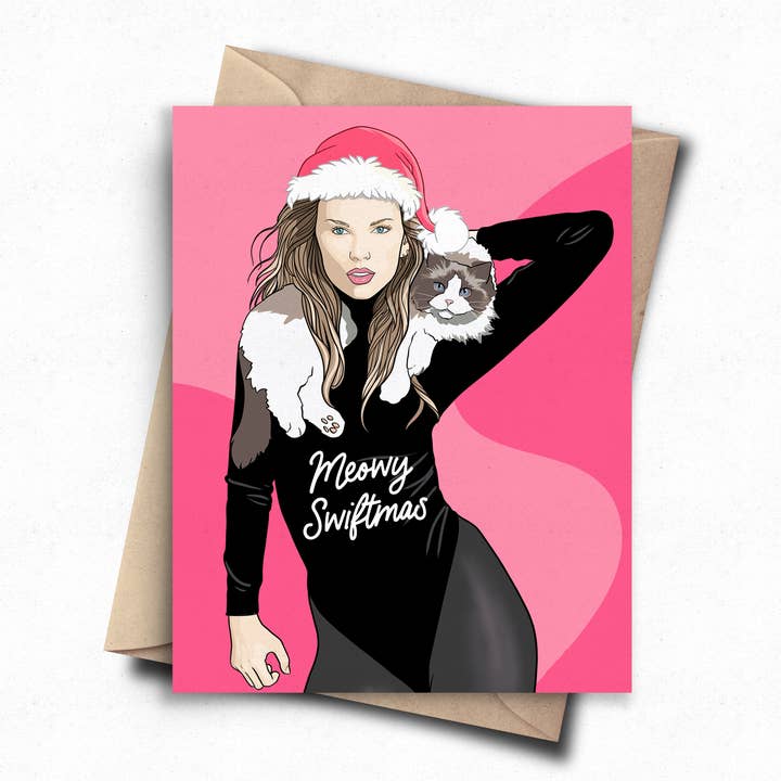 Divertente Biglietto di Natale Meowy Swiftmas per la vendita all'ingrosso da parte di Pop Cult Paper