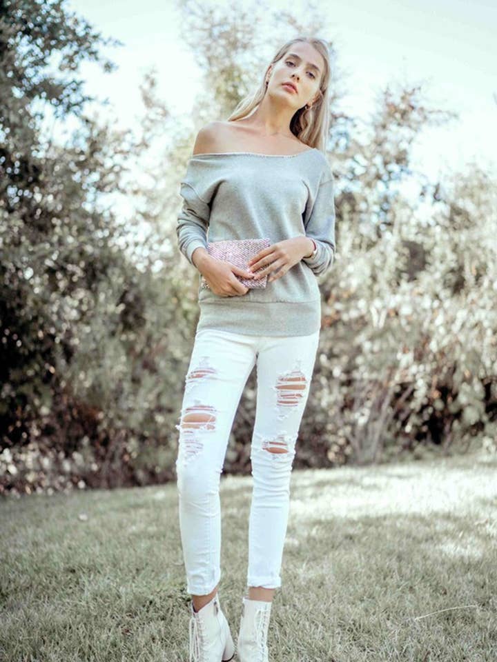 Grey Women Off-Shoulder Sweatshirt for wholesale by KTNN Studio Inc.